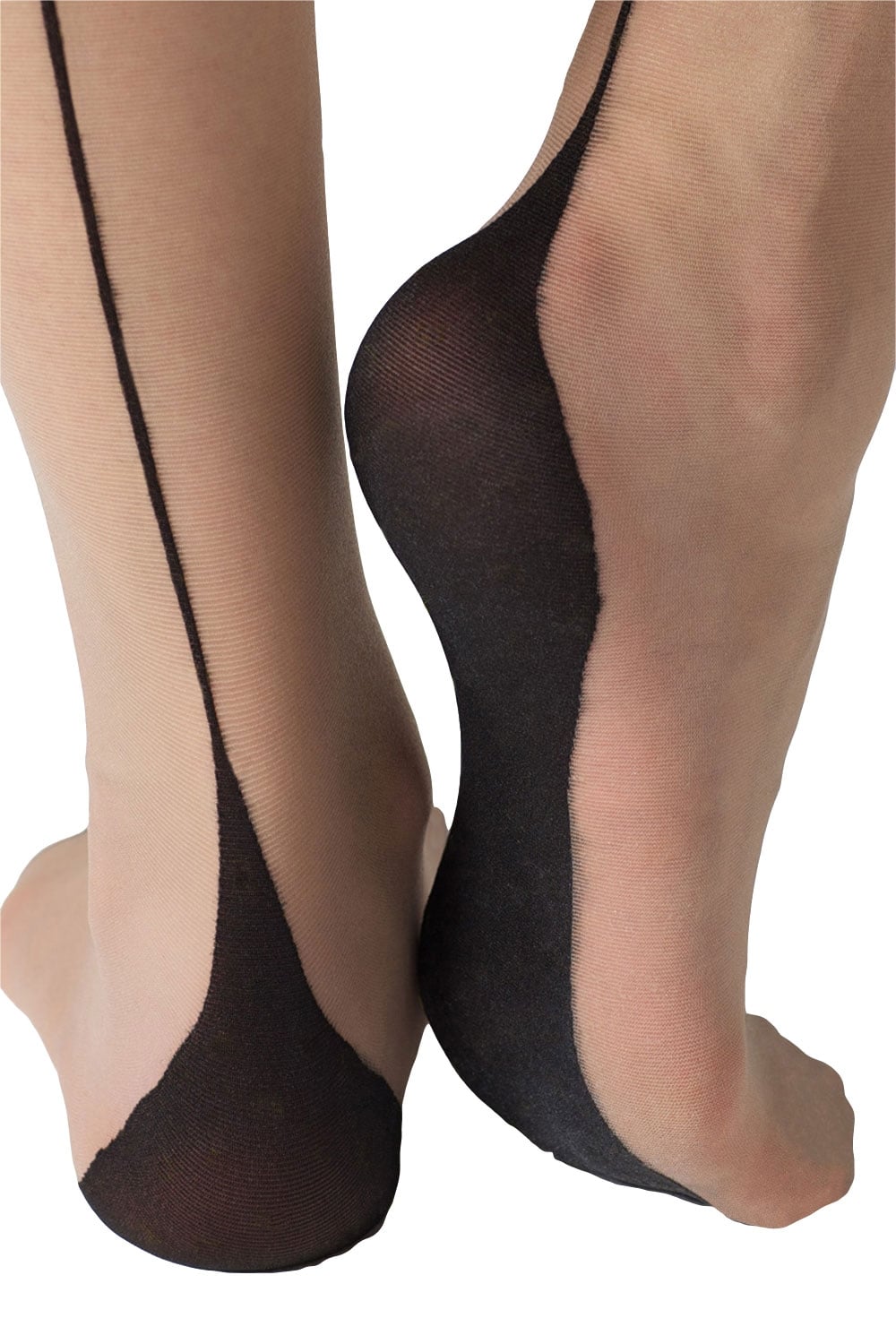 Natural coloured  seamed tights worn by a model on a white background