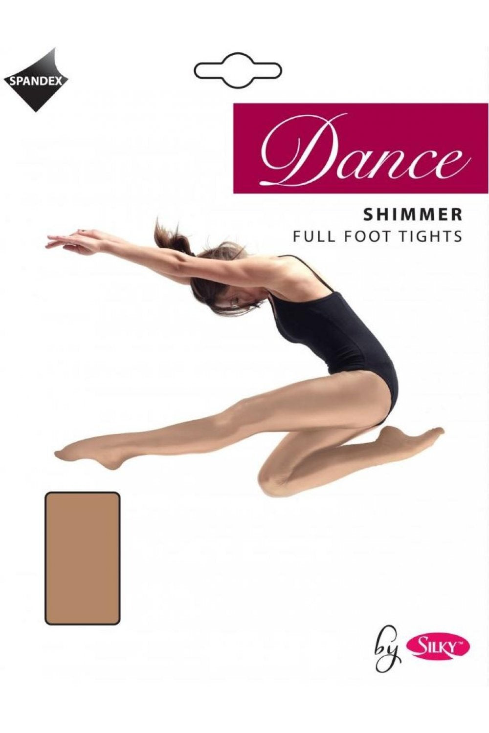 Silky dance shimmer full foot tights packaging with a dancer illustration on a white background.