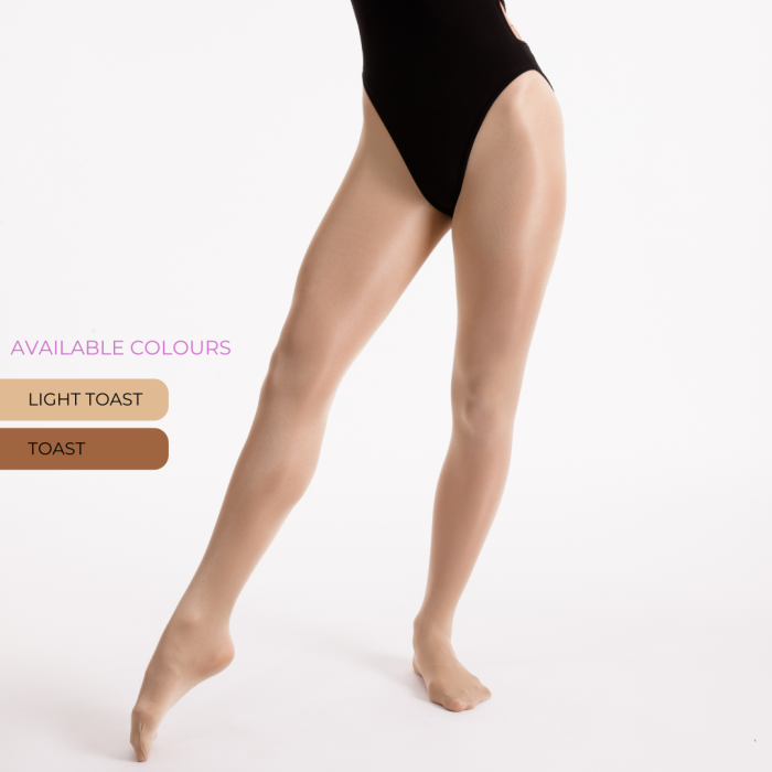 Silky dance tights worn by a model on a white background with colour options displayed.