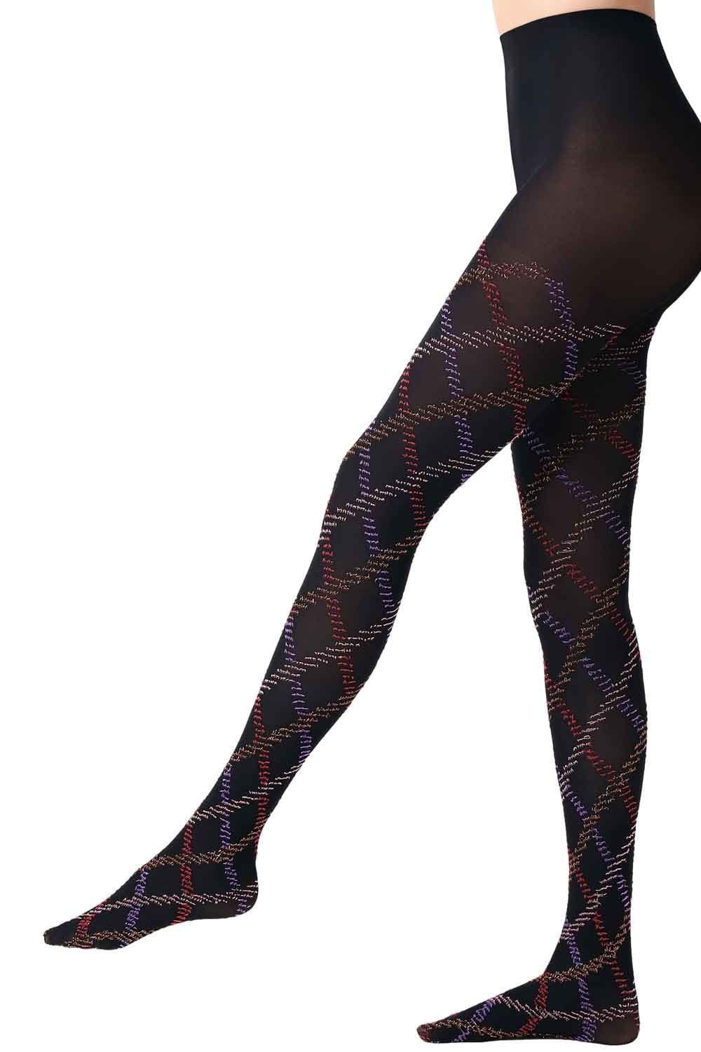 Black/violet tartan tights with colorful geometric pattern on a white background