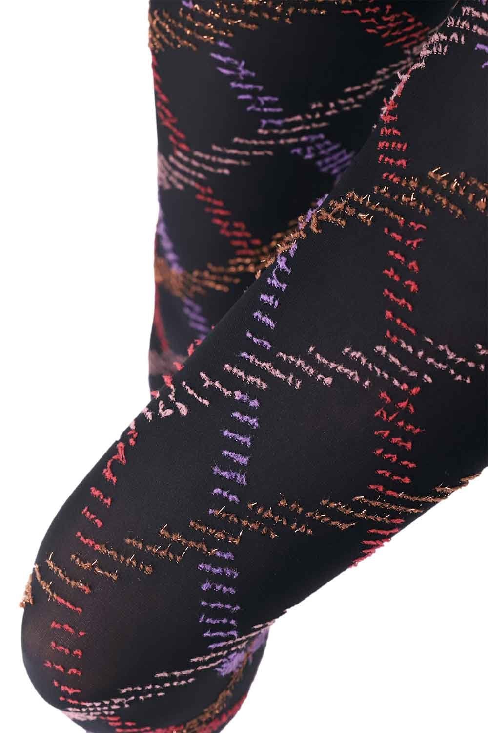 Black/violet tartan patterned tights  on a white background