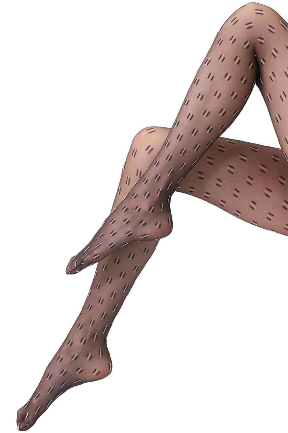 Patterned tights worn by a person on a white background