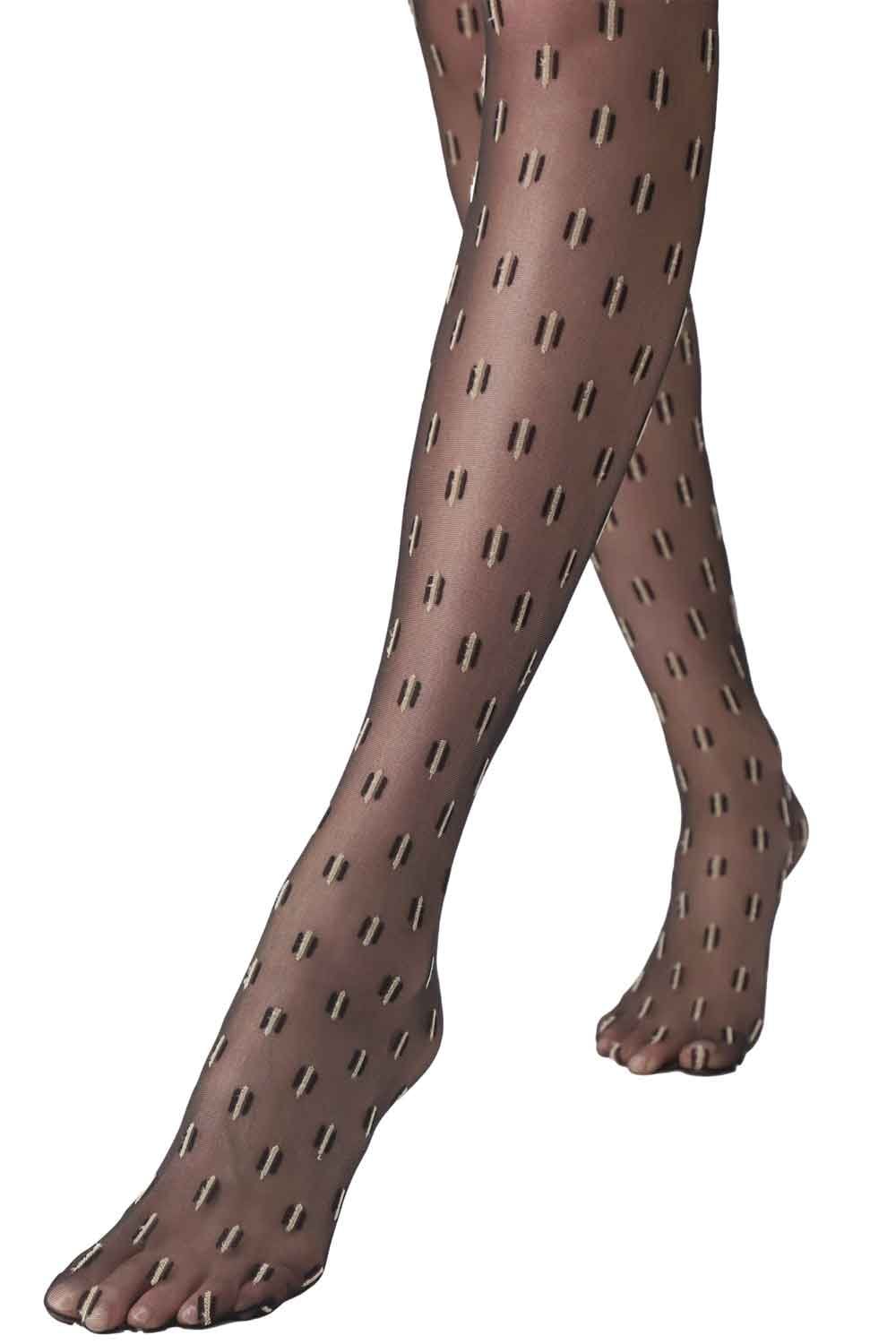 Patterned tights worn by a person on a white background