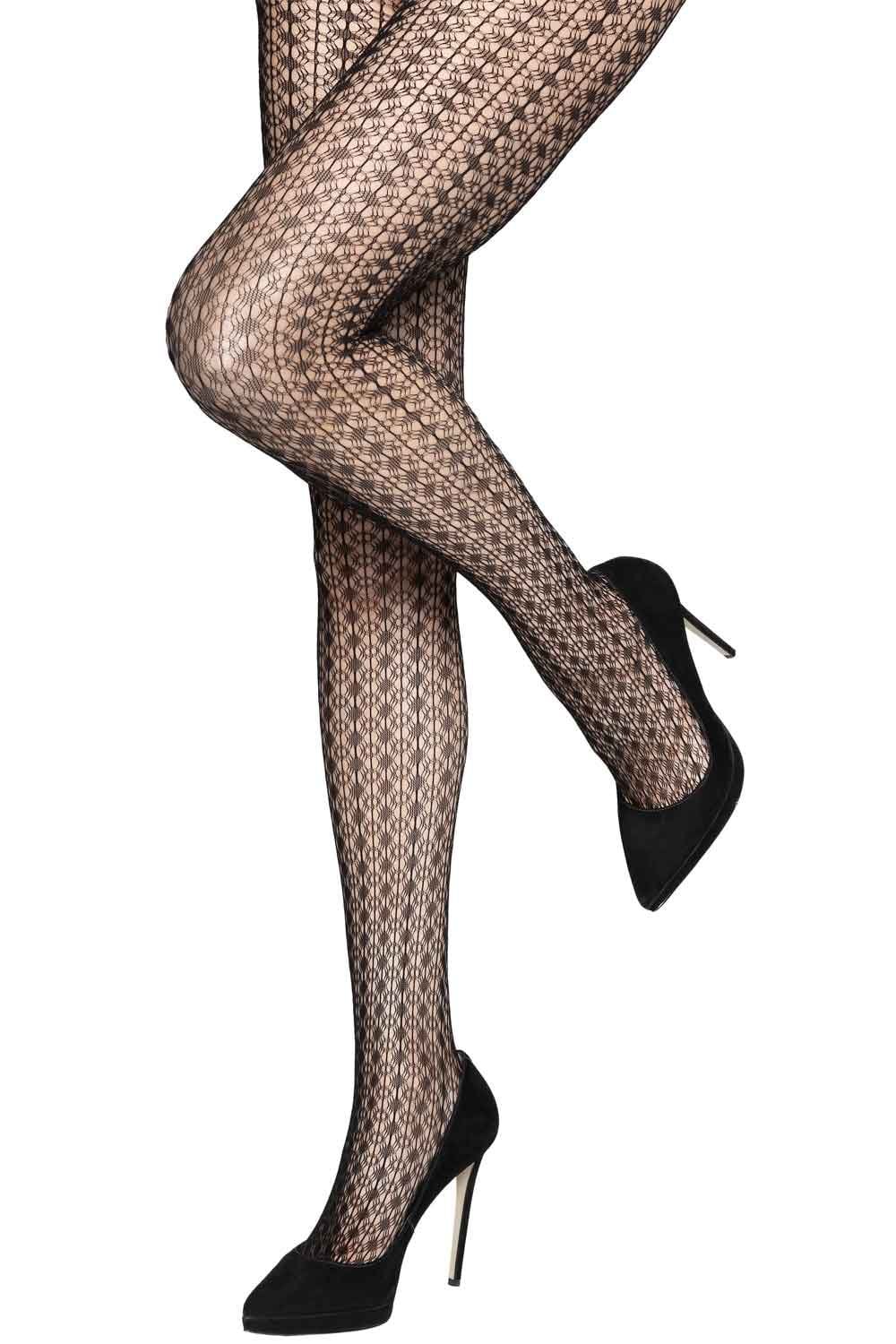 Geo net tights worn with black high-heeled shoes on a white background