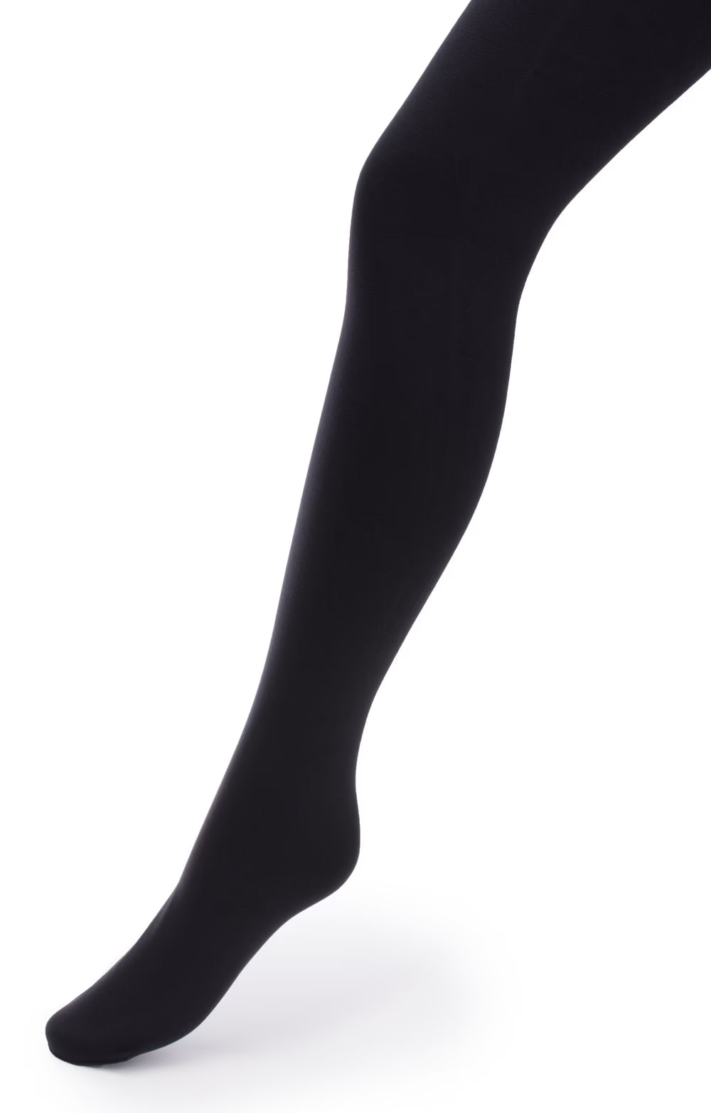 Black opaque tights worn by a person on a white background