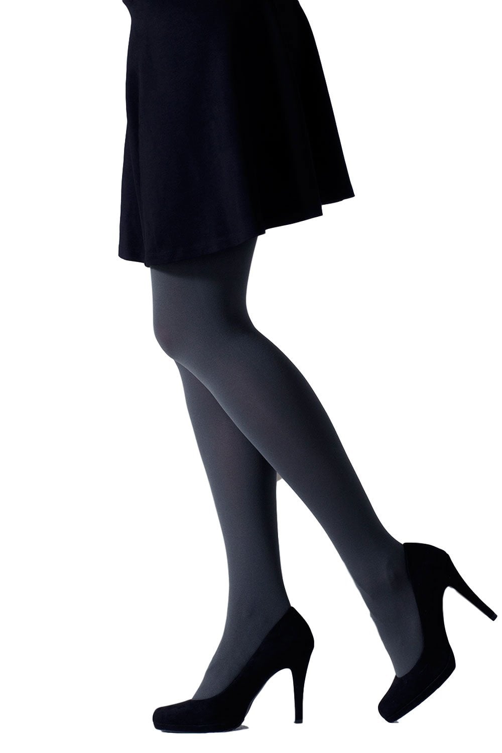 Person wearing black high-heeled shoes and grey tights on a white background