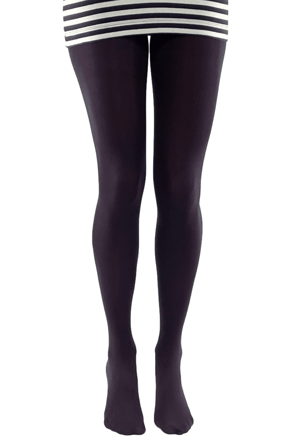 Black tights worn with a striped sweater on a white background