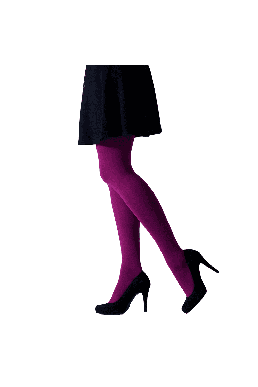 Person wearing a black skirt, purple tights, and black high heels on a white background