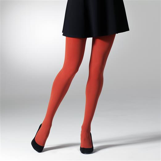 Red tights worn by a person on a white background