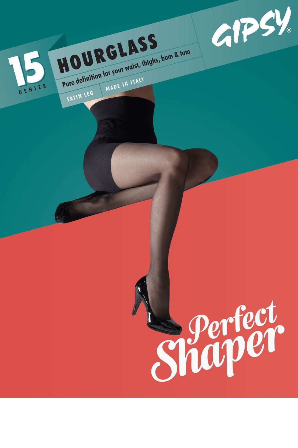 Gipsy Hourglass Perfect Shaper advertisement with a model wearing black stockings on a red and green background.
