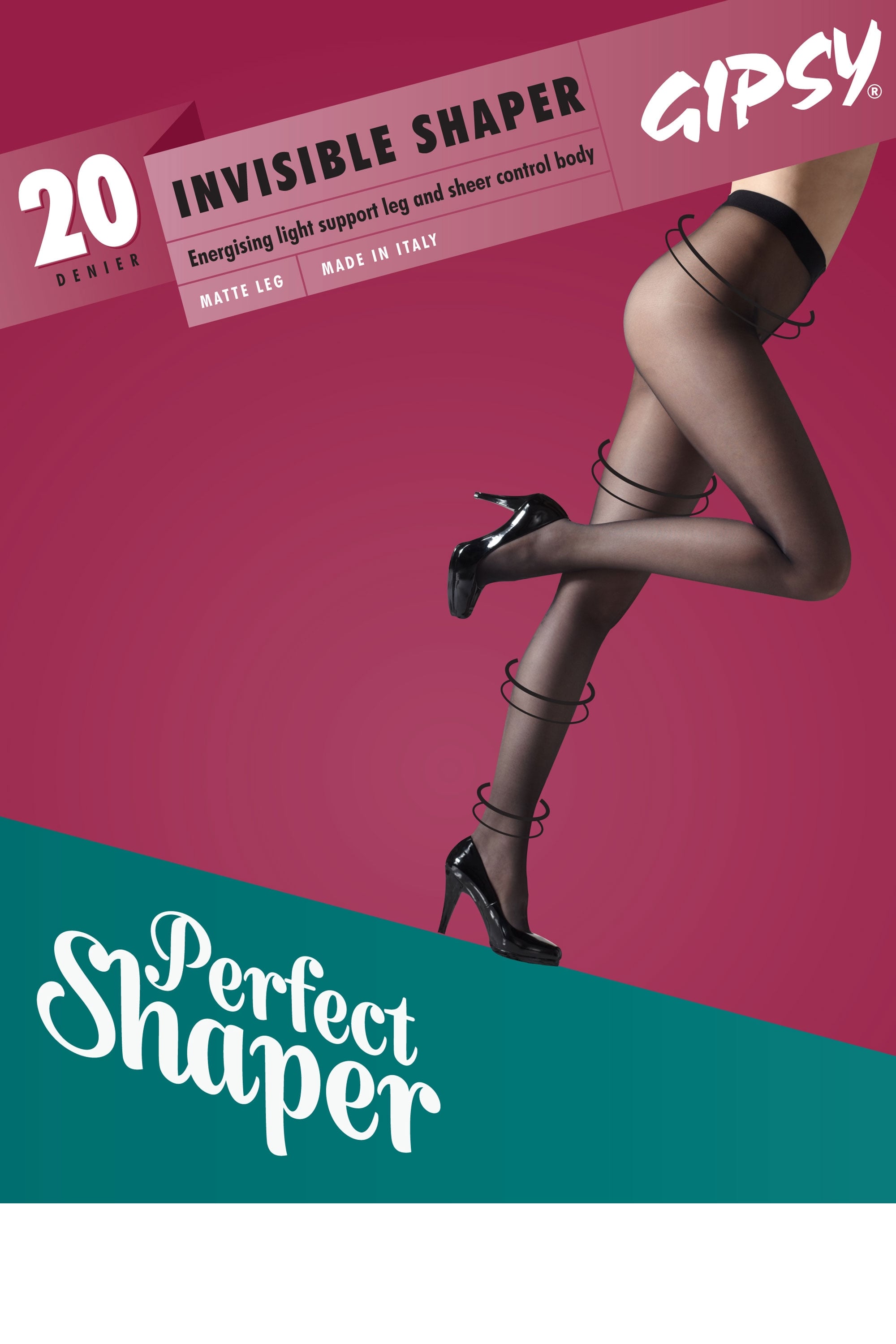 Gipsy Invisible Shaper tights  advertisement with a model wearing the product on a pink and teal background.