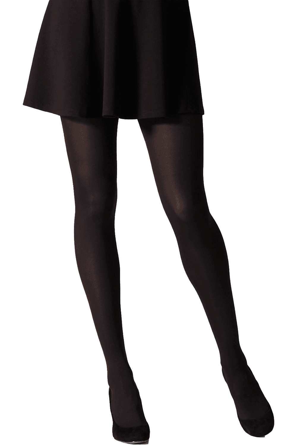 Black gipsy 40 denier tights worn with a black skirt on a white background