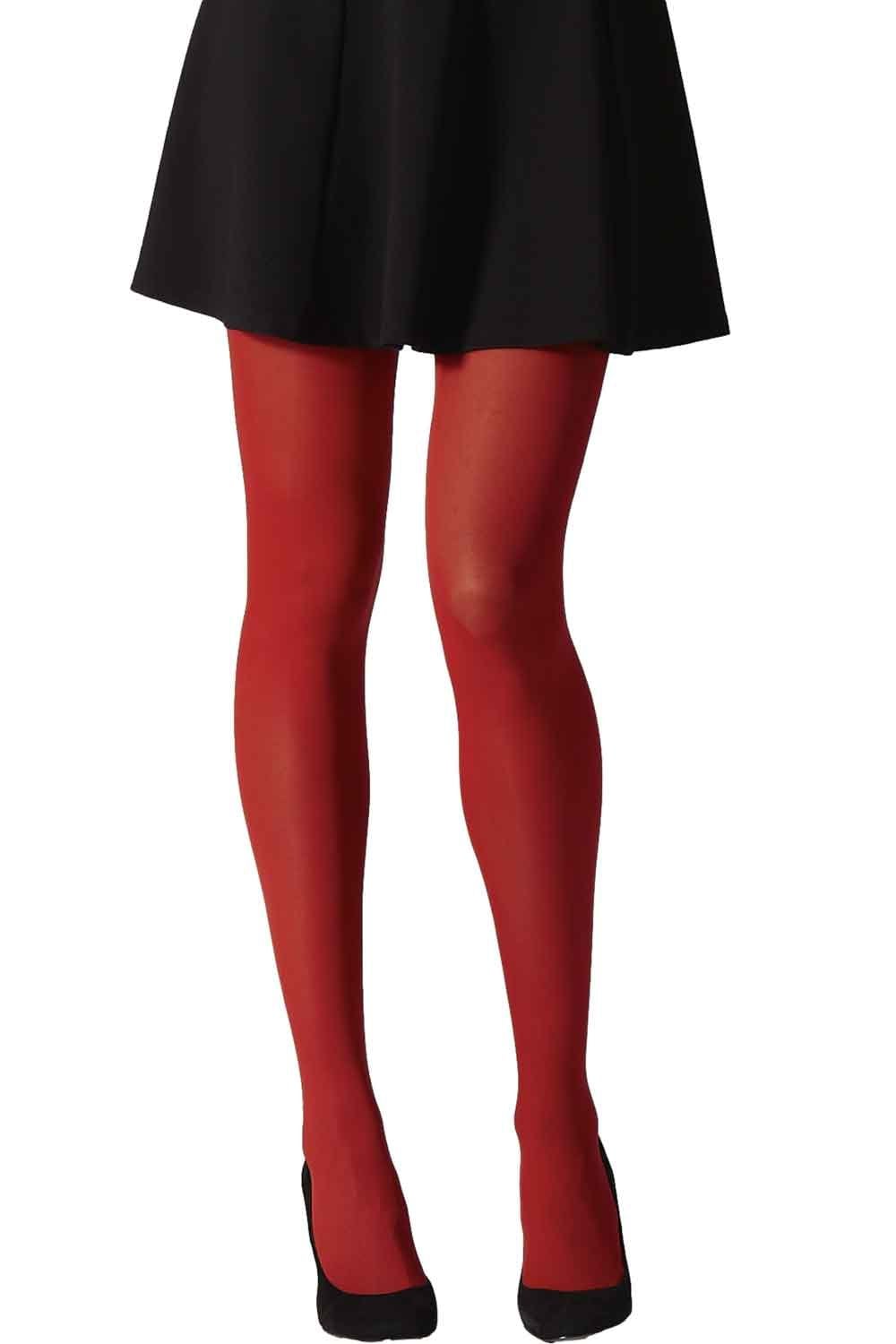 Gipsy red tights worn with a black skirt on a white background