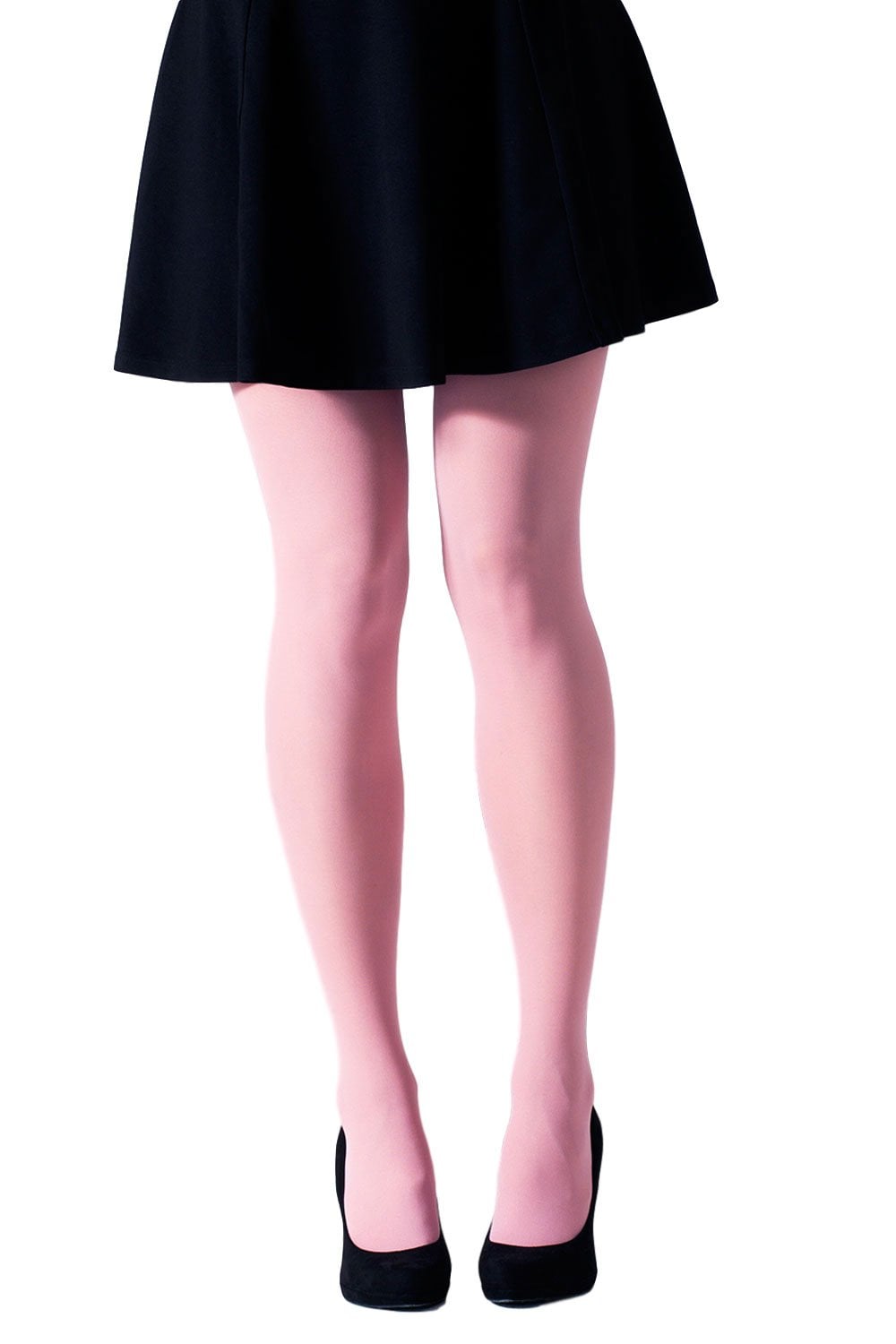 Person wearing pink gipsy tights and black shoes on a white background