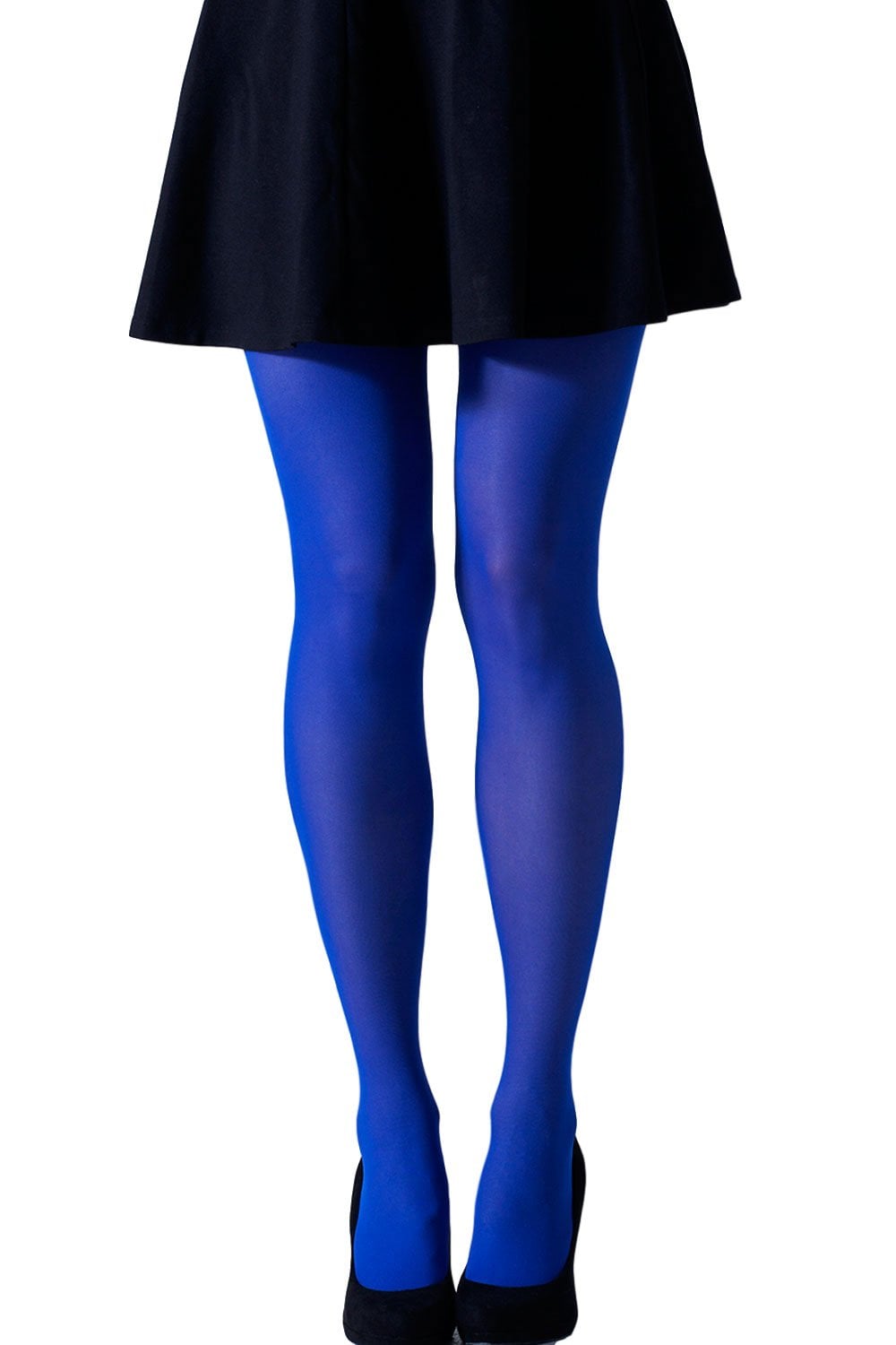 Person wearing bright blue gipsy tights and black shoes on a white background