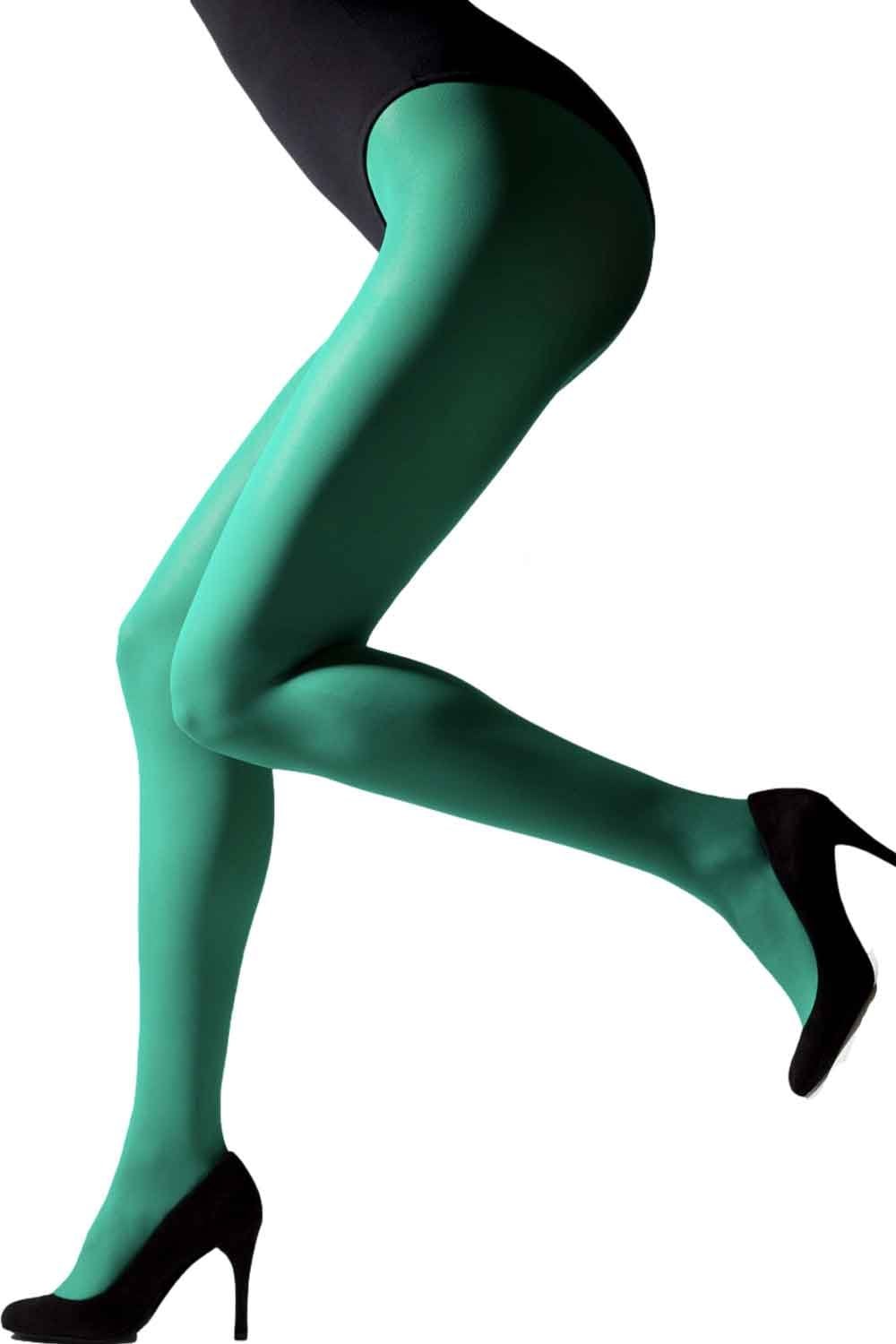 Green gipsy tights worn by a person on a white background