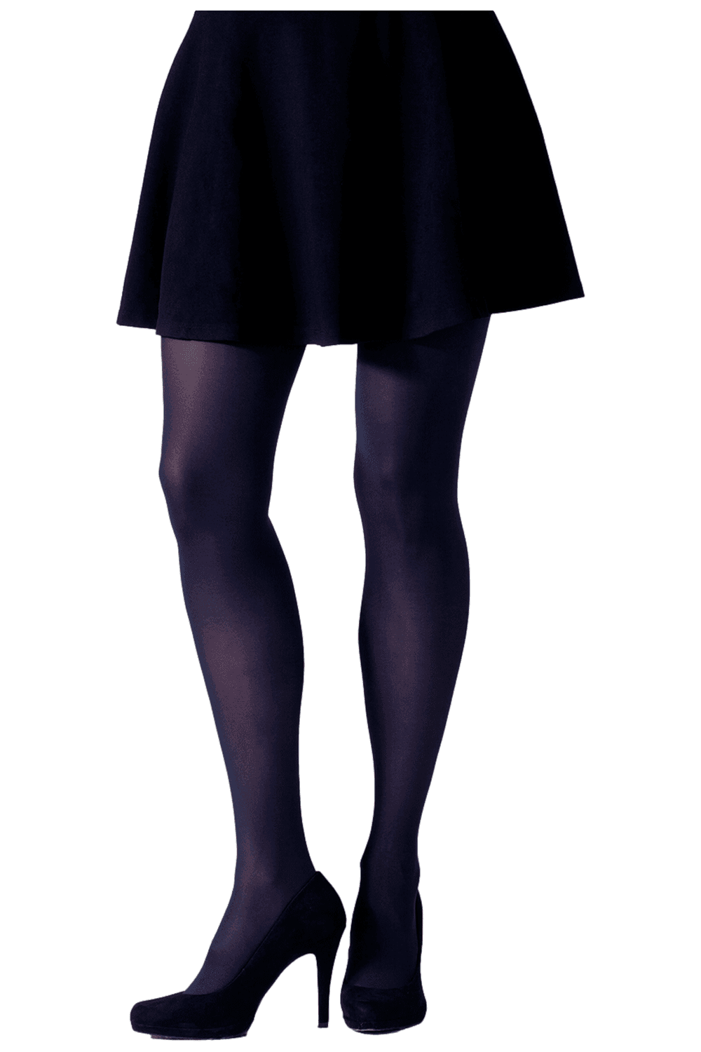 Person wearing a black skirt and navy blue tights on a white background