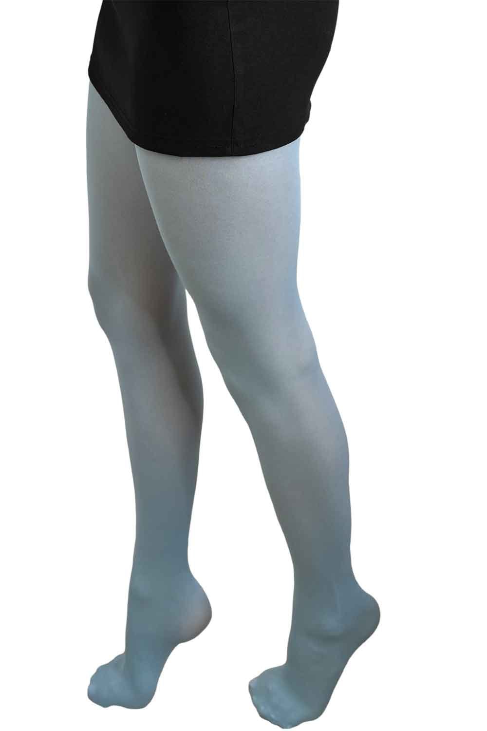 Retro blue gipsy tights worn by a person on a white background