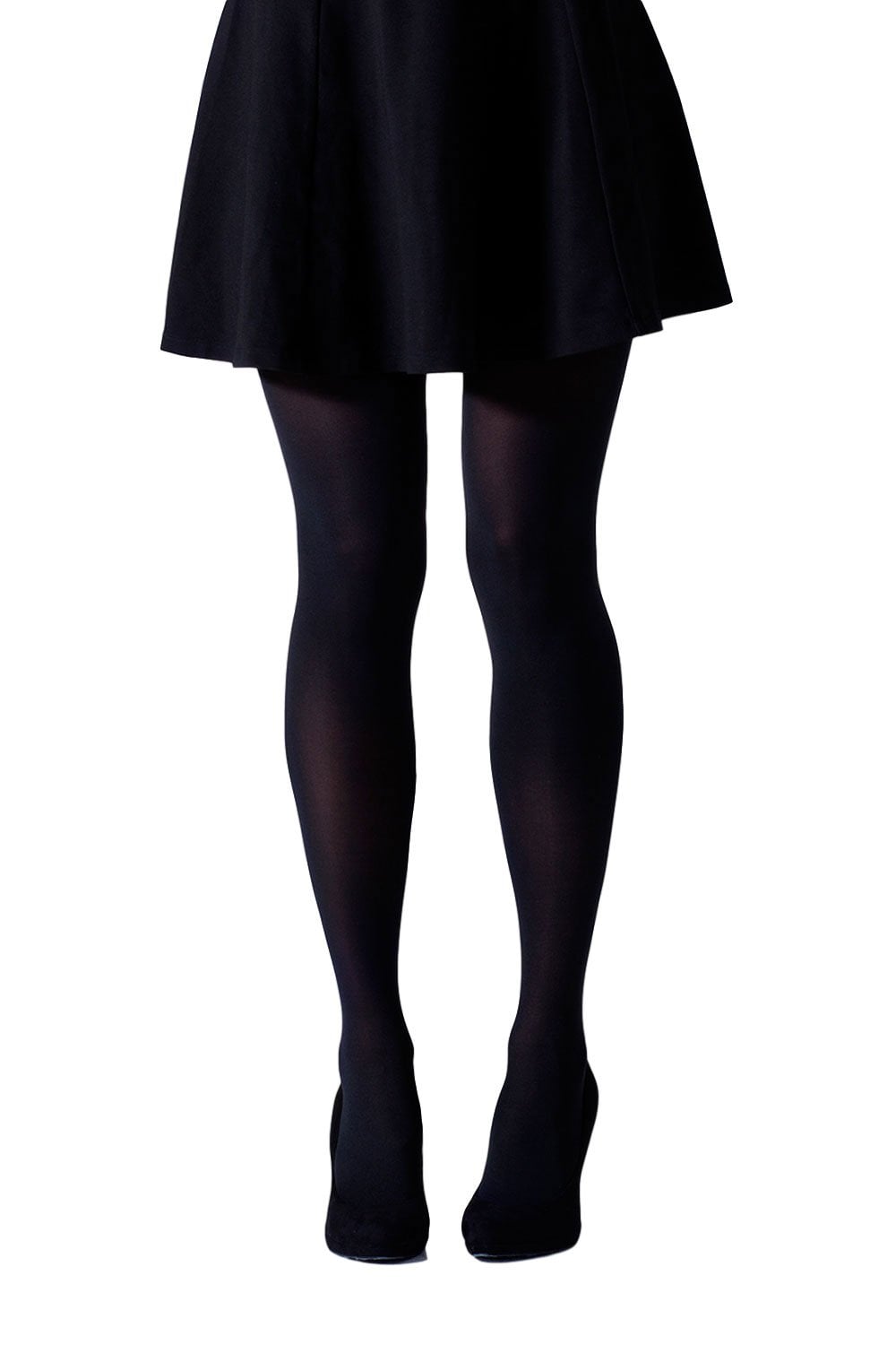 Model wearing black Eco tights and wearing black shoes on a white background