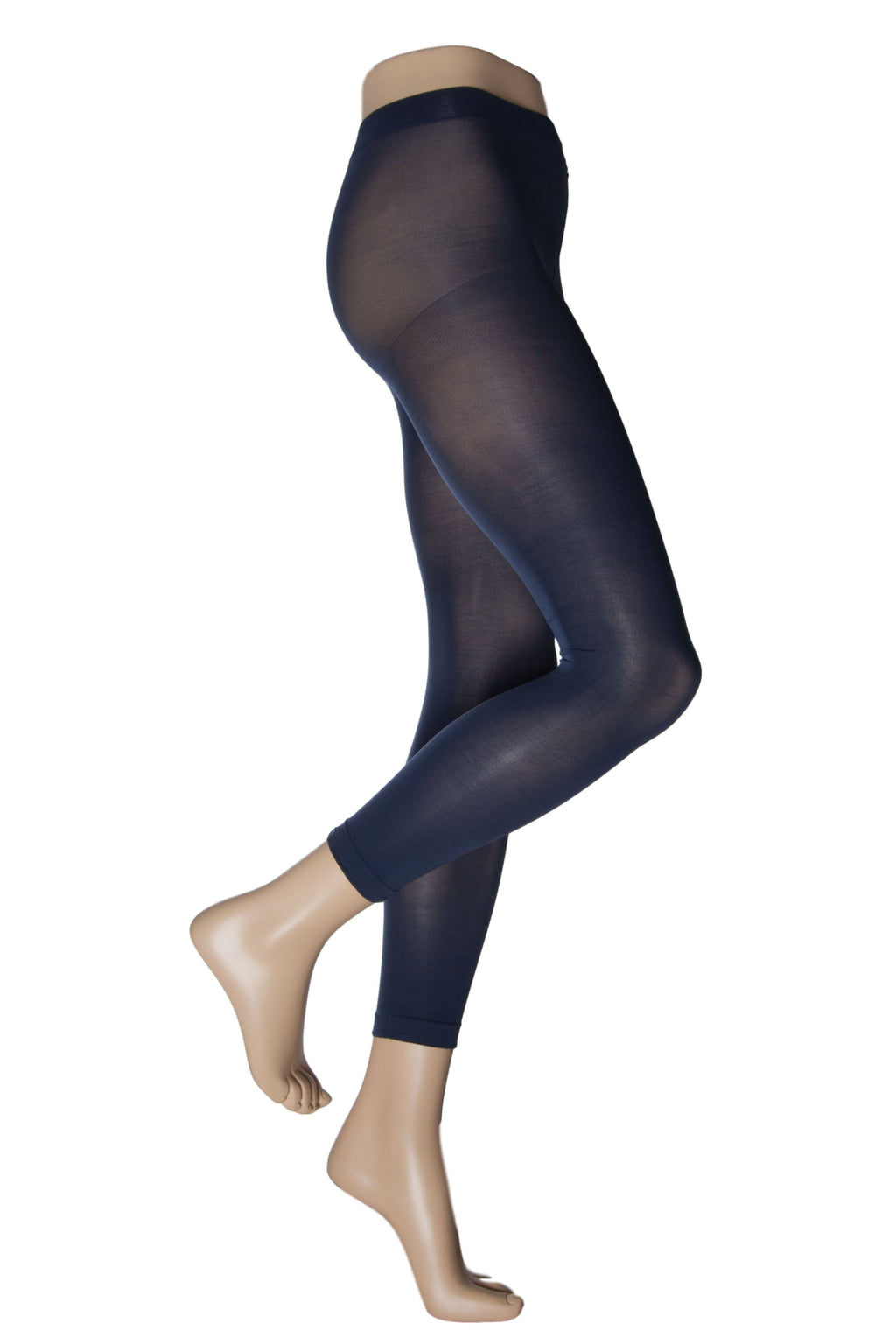 Denim coloured footless tights worn by a model on a white background