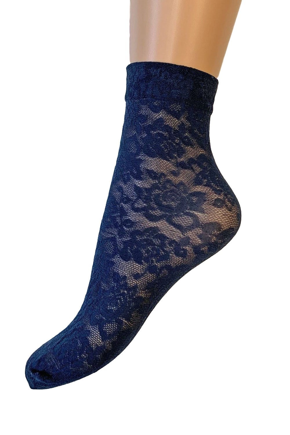 primrose  lace sock on a mannequin foot against a white background
