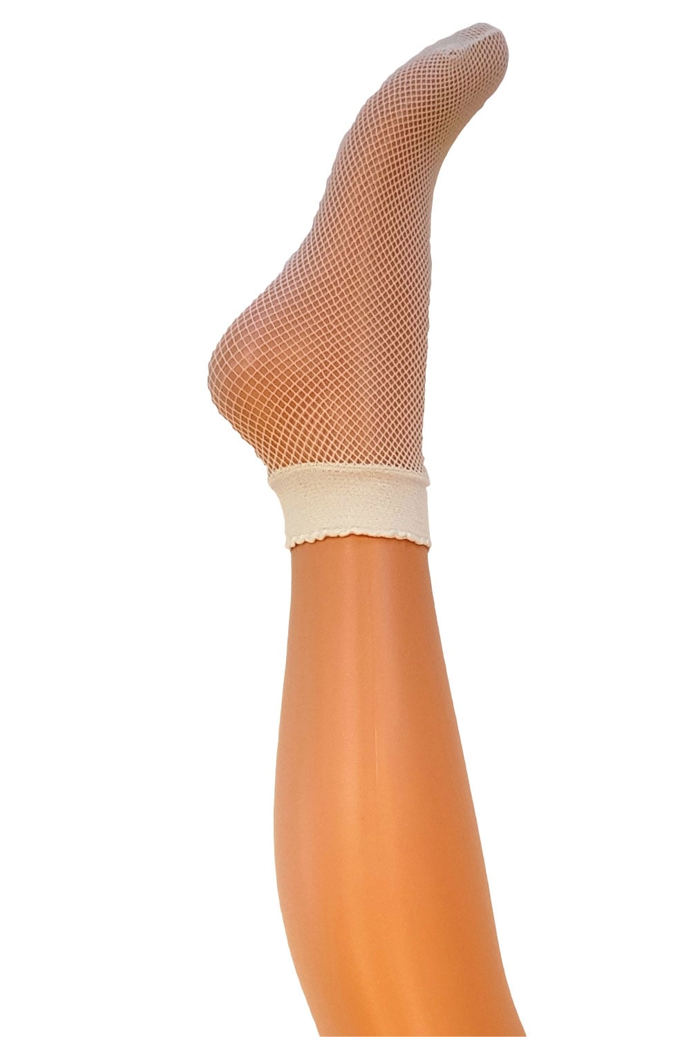Beige fishnet ankle sock on a white background