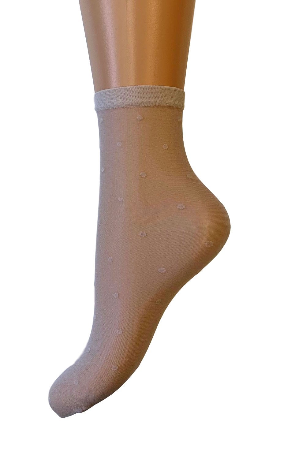 Champagne  sock with white polka dots against a white background
