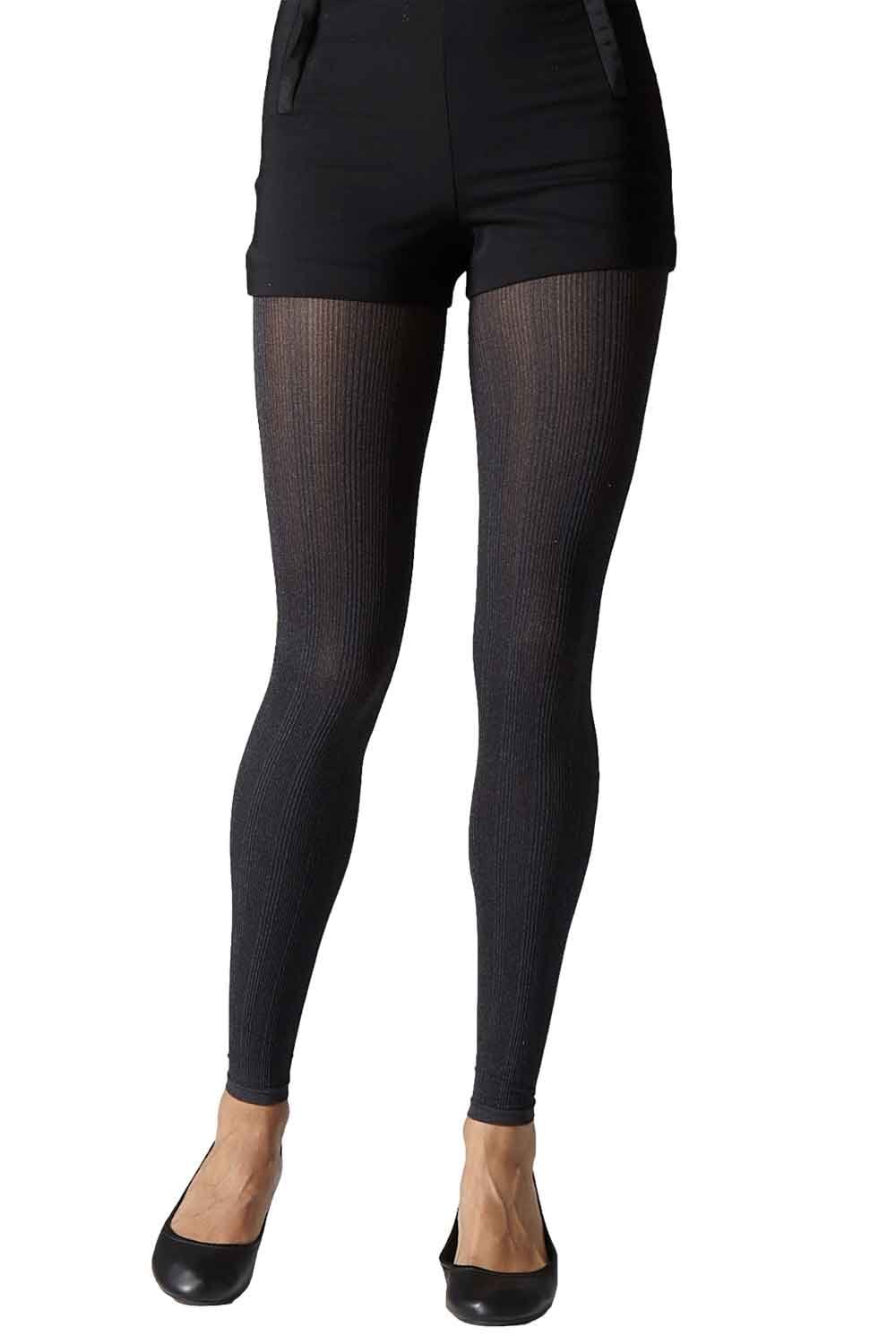 Grey double ribbed footless tights worn by a model on a white background