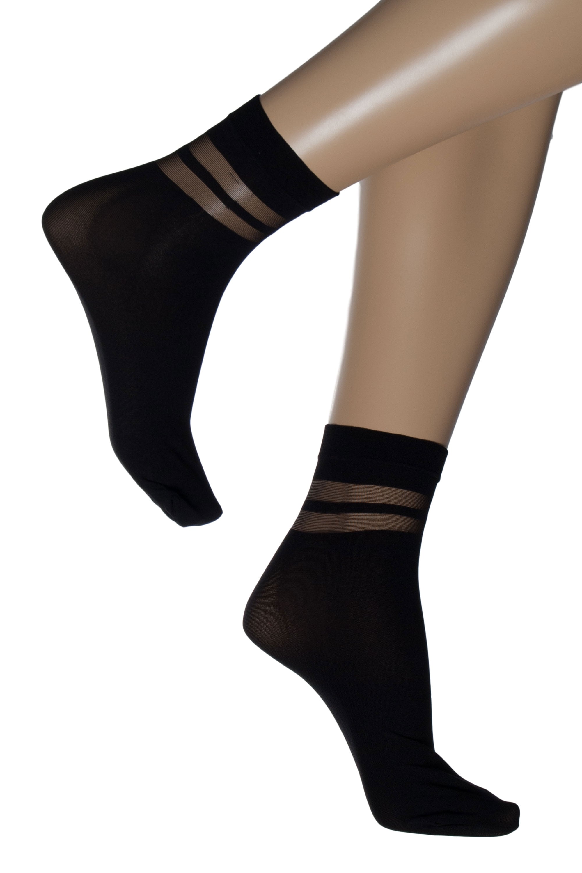 Black ankle  socks with striped design worn by a model on a white background