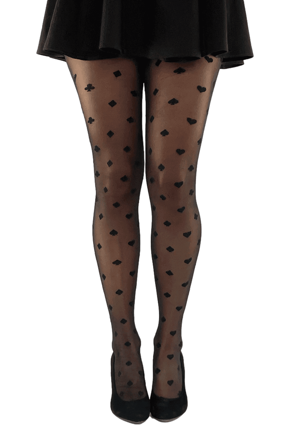 Black tights with a game of cards design pattern worn by a model on a white background