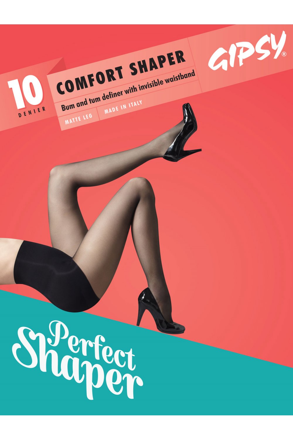Gipsy Comfort Shaper packaging with a model wearing black tights on a red and teal background