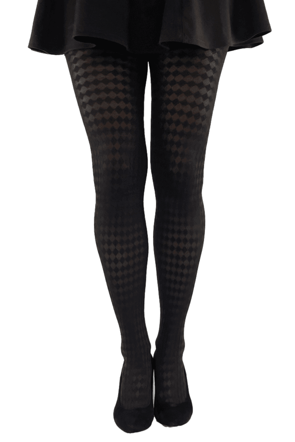 Black  jester checkered tights worn with a black skirt on a white background