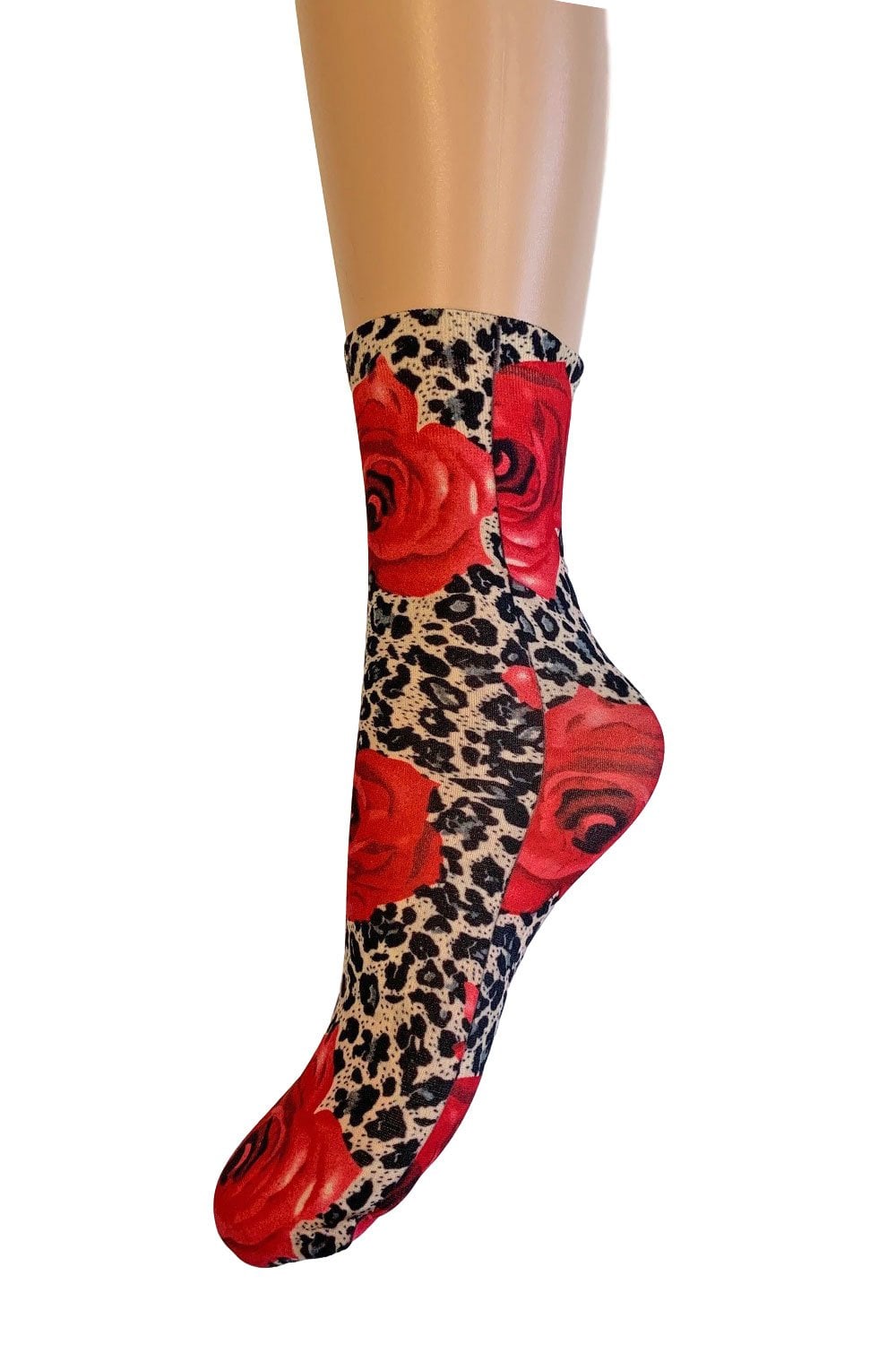 Sock with leopard print and red rose design against a white background