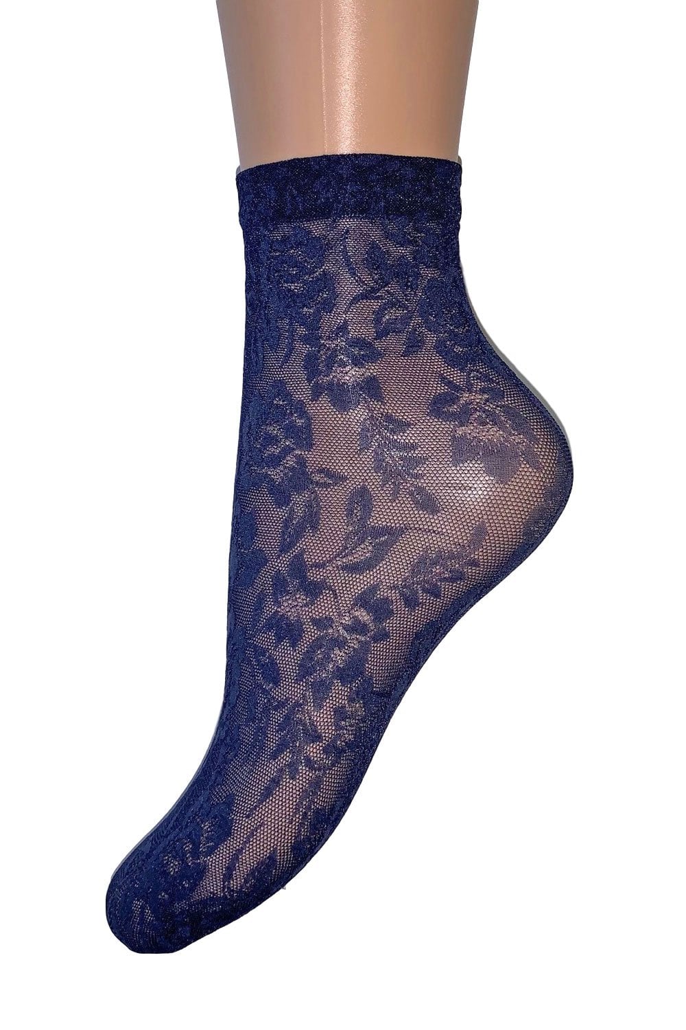 Marine  lace sock on a mannequin foot against a white background