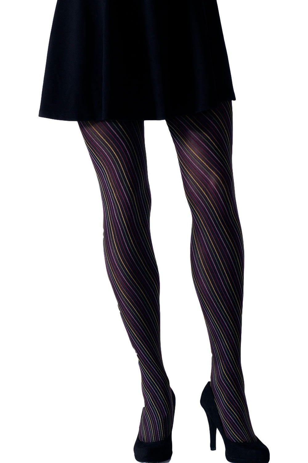 Black tights with purple and white striped pattern worn by a model on a white background