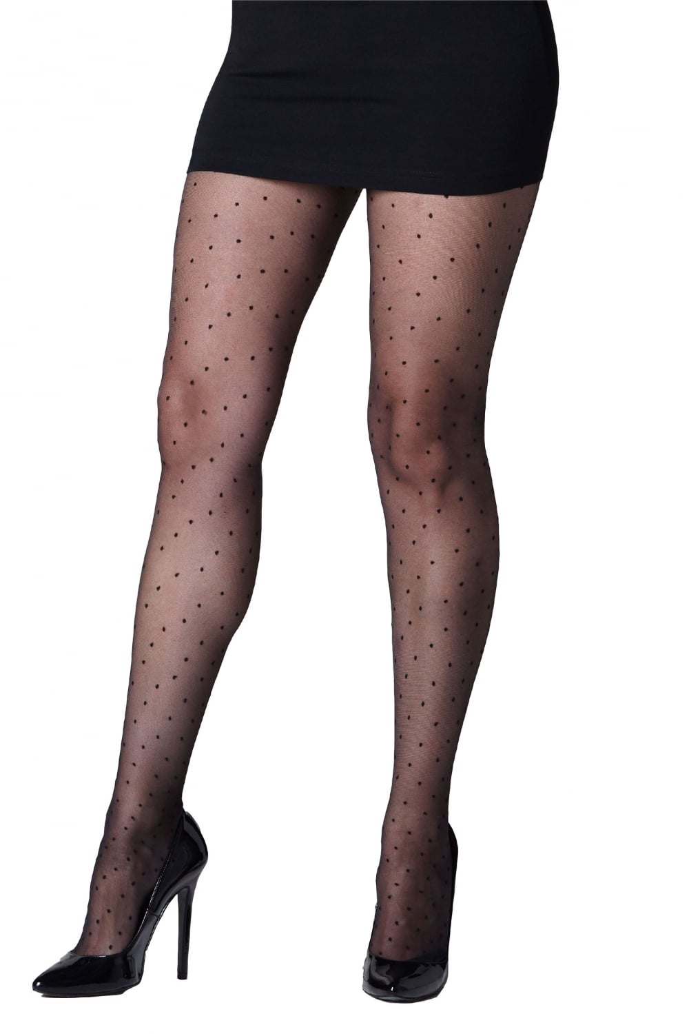 Black polka dot tights worn with a black skirt and high heels on a white background