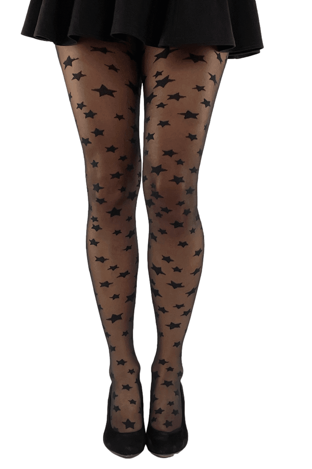 Black tights with star pattern worn by a model on a white background