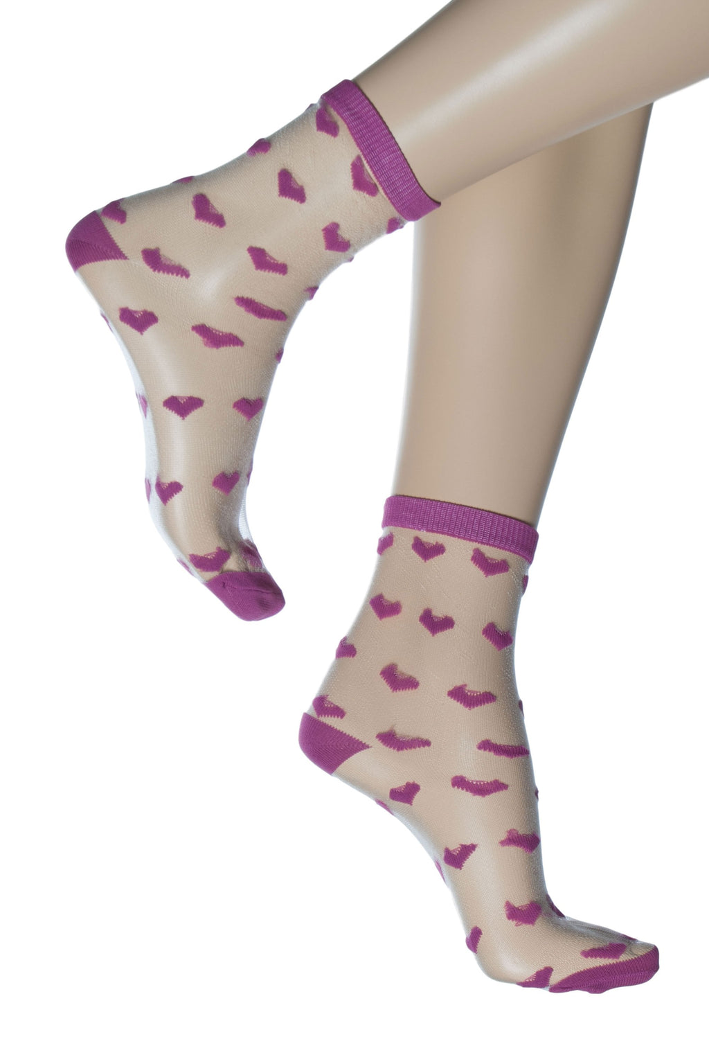 Sheer socks with a pink heart pattern on a white background