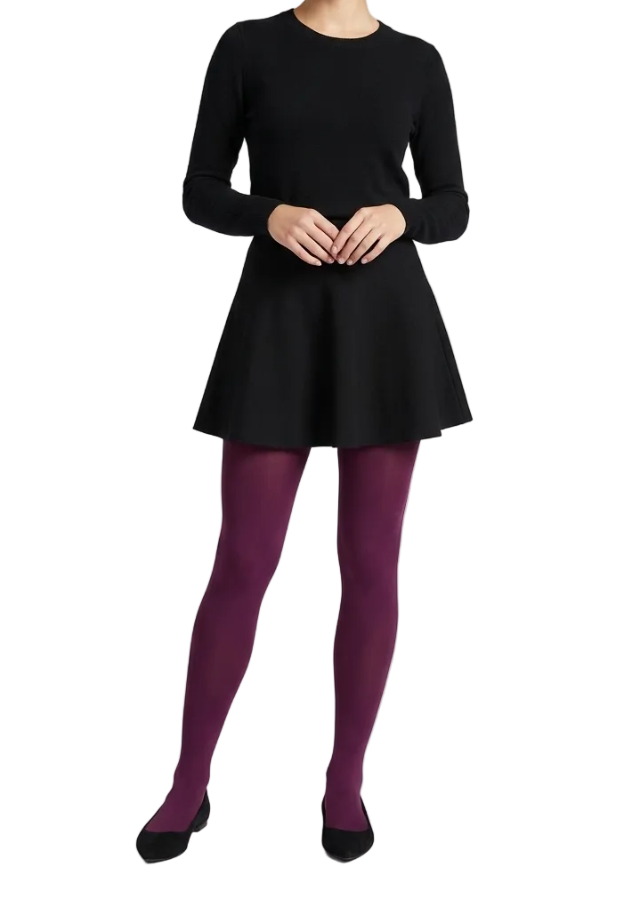 Model wearing Gipsy rich berry coloured tights