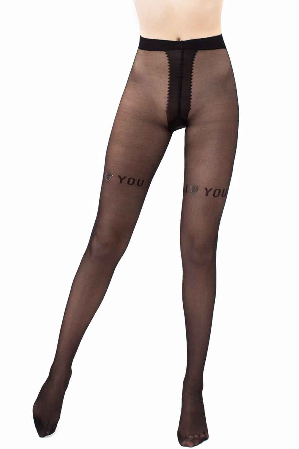 Black sheer tights with text on a white background