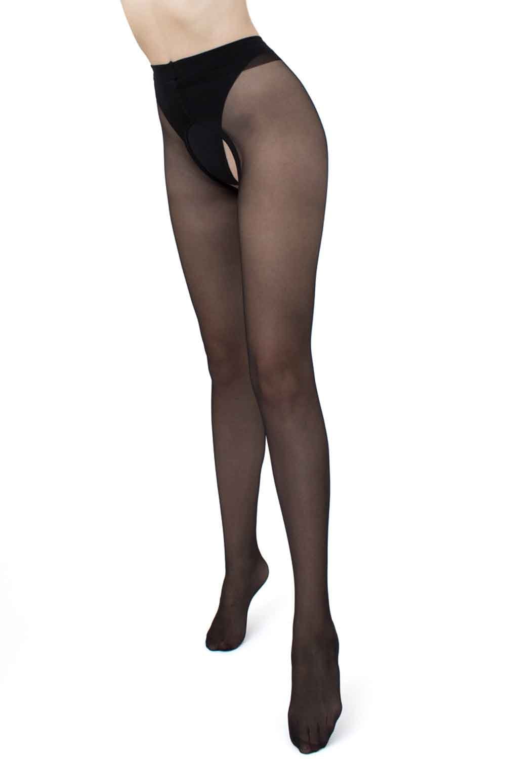 Black intimo plus 20 crotchless tights worn by a person on a white background