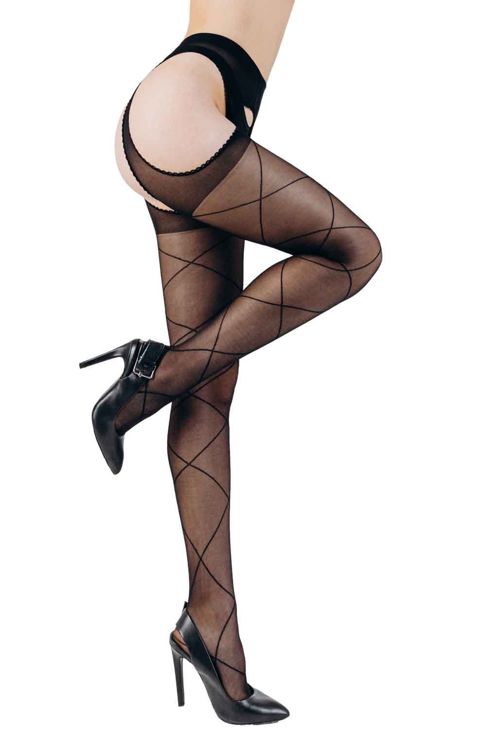 Black  diamond patterned suspender tights  worn by a person on a white background