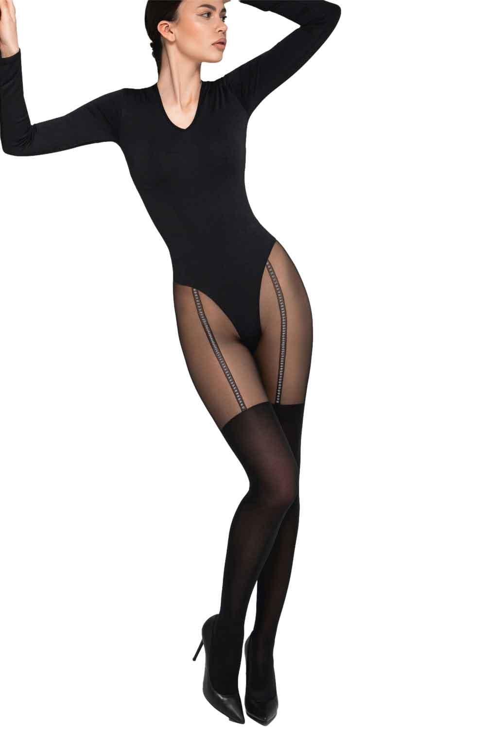 Woman wearing a black bodysuit with lurex suspender tights  on a white background