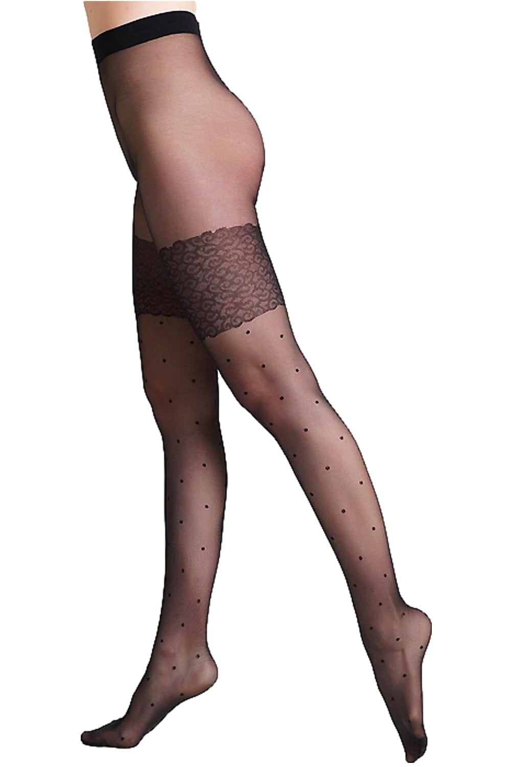Black patterned tights  with lace top on a white background