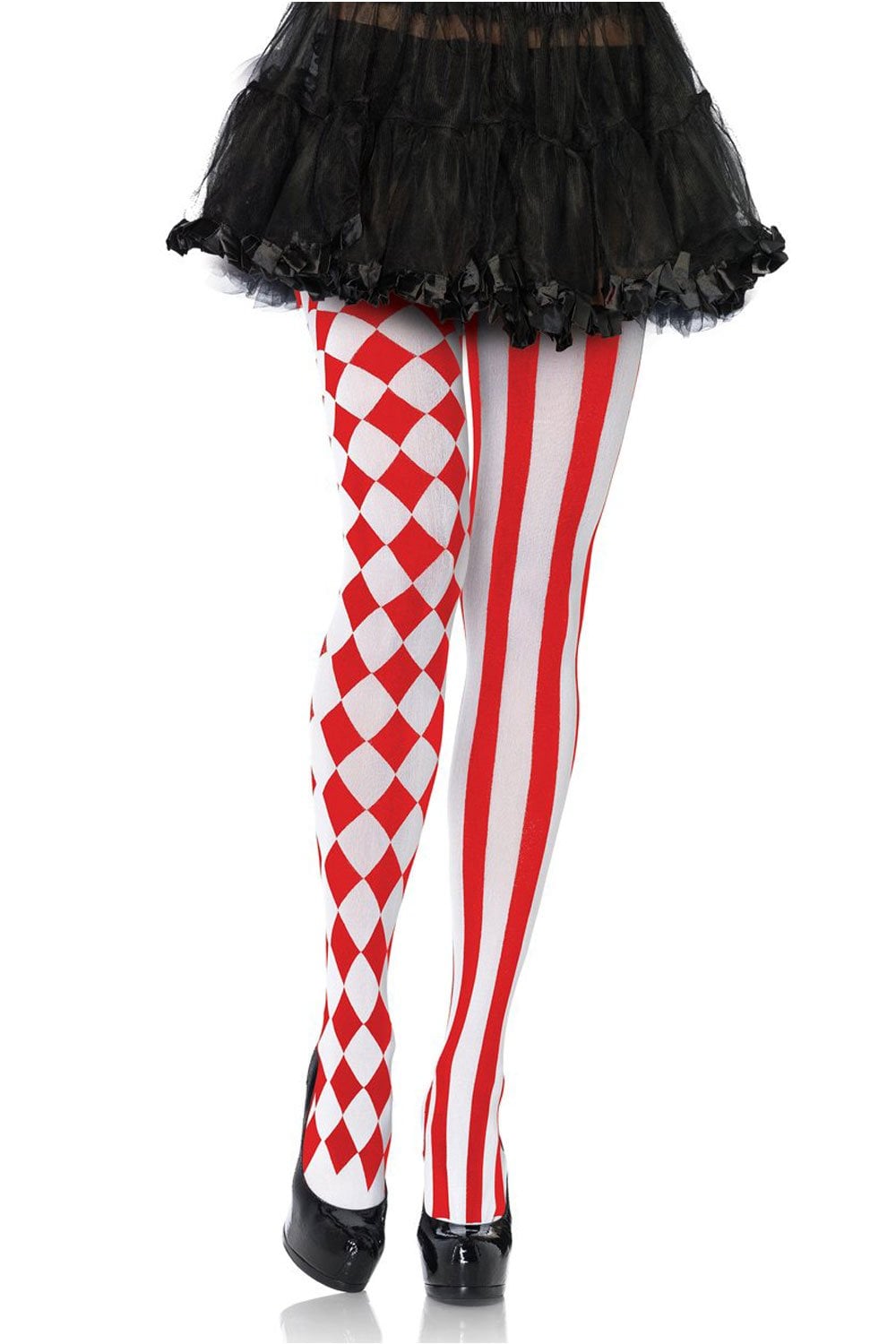 Harlequin-patterned tights with a black tutu on a white background