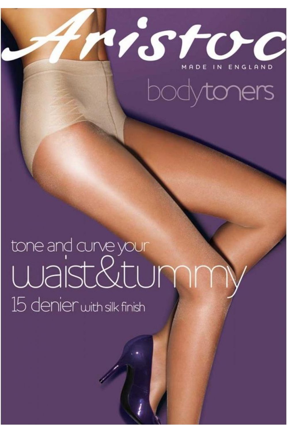 Aristoc body toners advertisement with a person wearing beige tights  on a purple background.