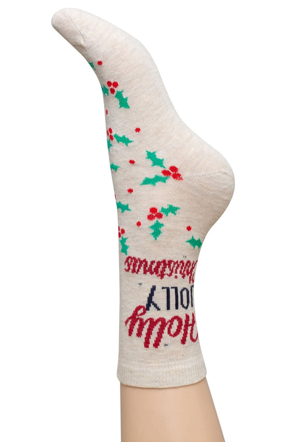 Beige sock with holly design and text on a white background