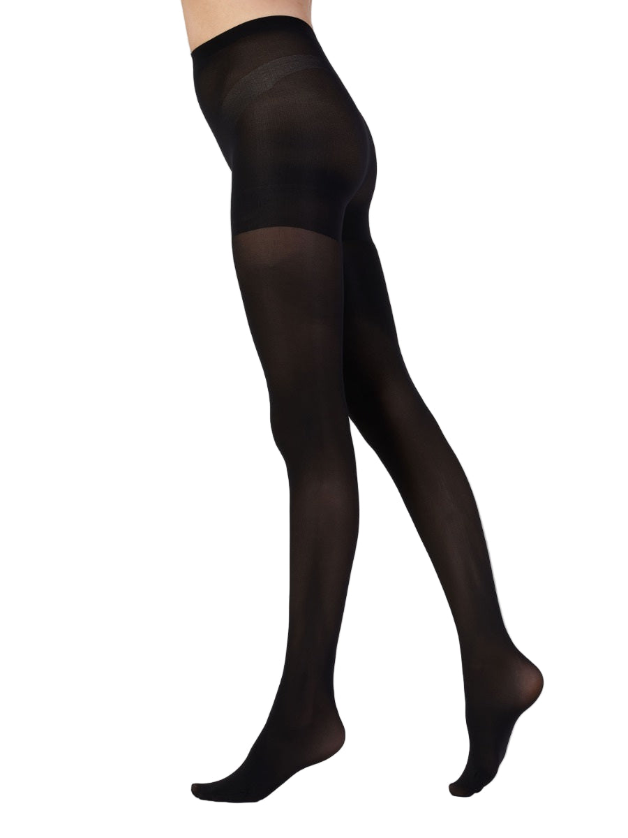 Black tights worn by a person on a white background