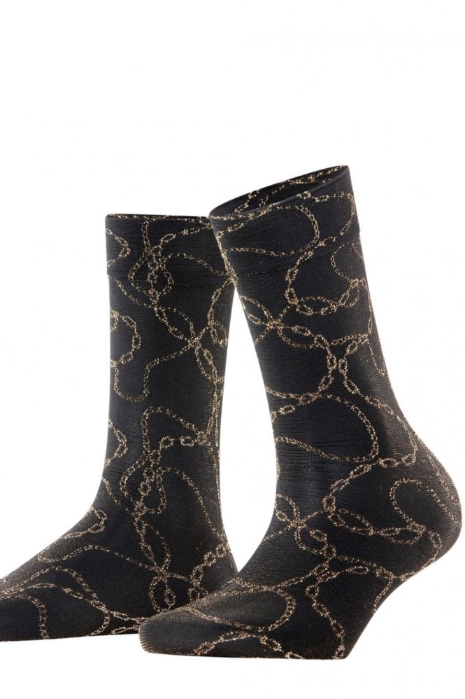 Jewel case  patterned socks in a 30 denier in black and gold