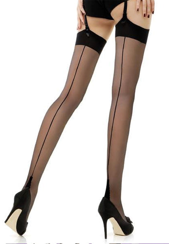 Black sheer  seamed stockings with garter straps worn by a person on a white background